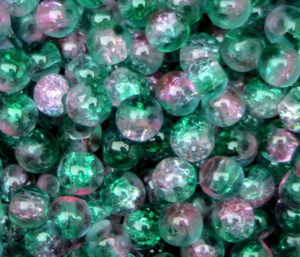 Perles en verre craquelé 4mm bicolores fuchsia-vert