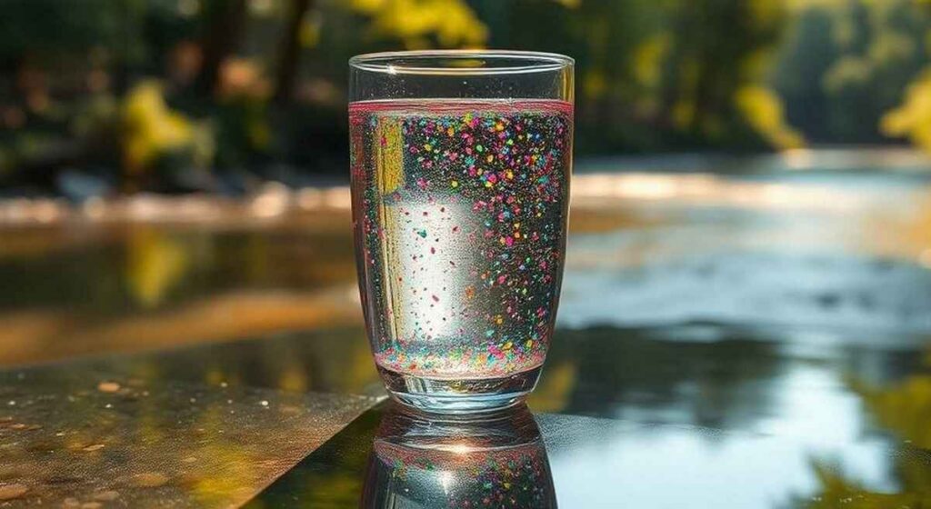 Verre d'eau avec microplastiques